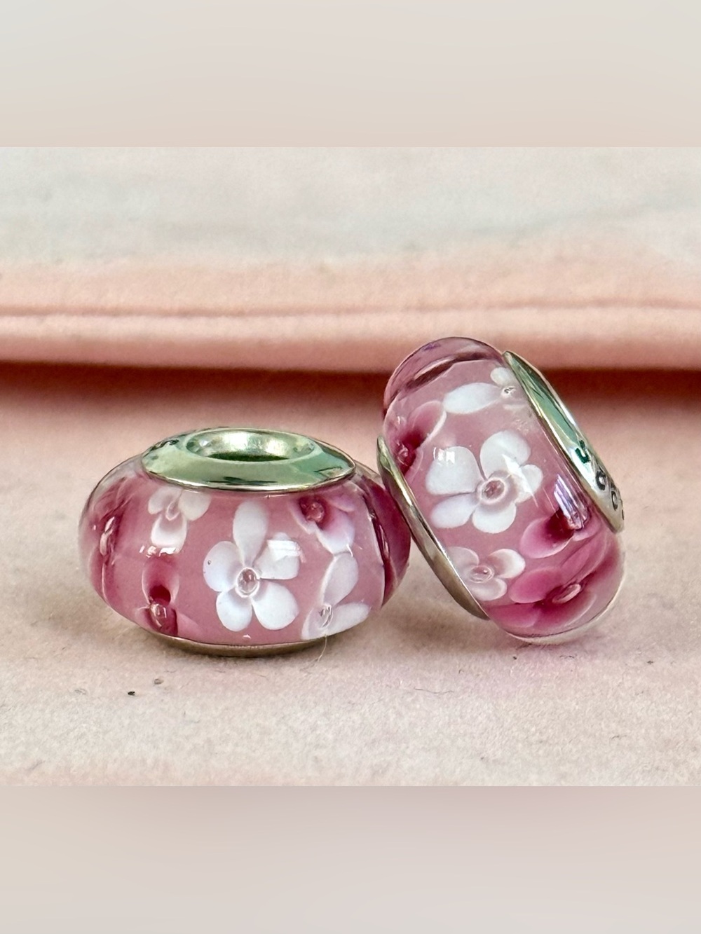 Pink Floral Murano Glass Charms set fit Pandora bracelets